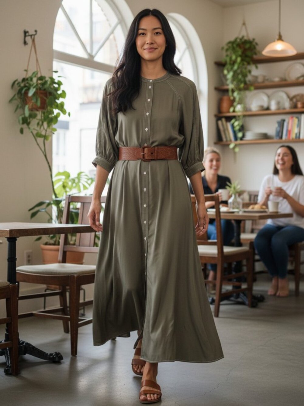 Whistles Olive Button Front Balloon Sleeve Maxi Dress Chic Contrast Stitch US 10